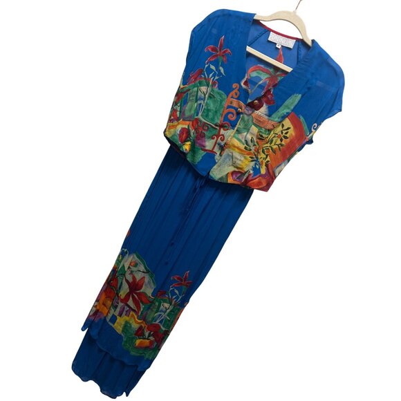 Dorothy Schoelen Platinum Vintage 2 Piece Abstract Tropical Crop Top and Maxi Sk - Picture 1 of 11